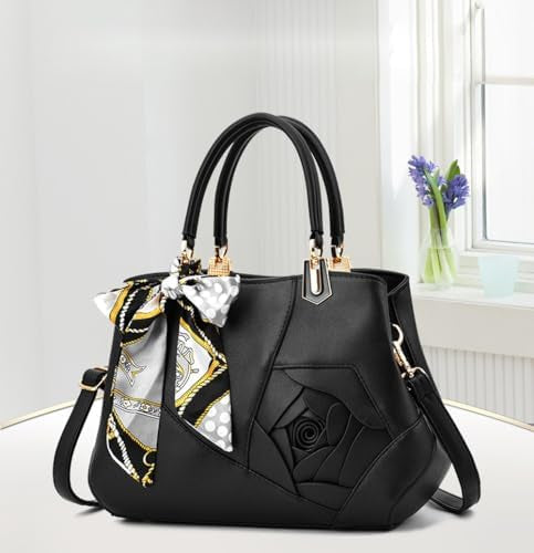 ALANES Handbag Shoulder Bag Ladies Satchel Tote Bag Flower Design Luxury Women Handbag PU Fashion Shoulder Bag (Black)