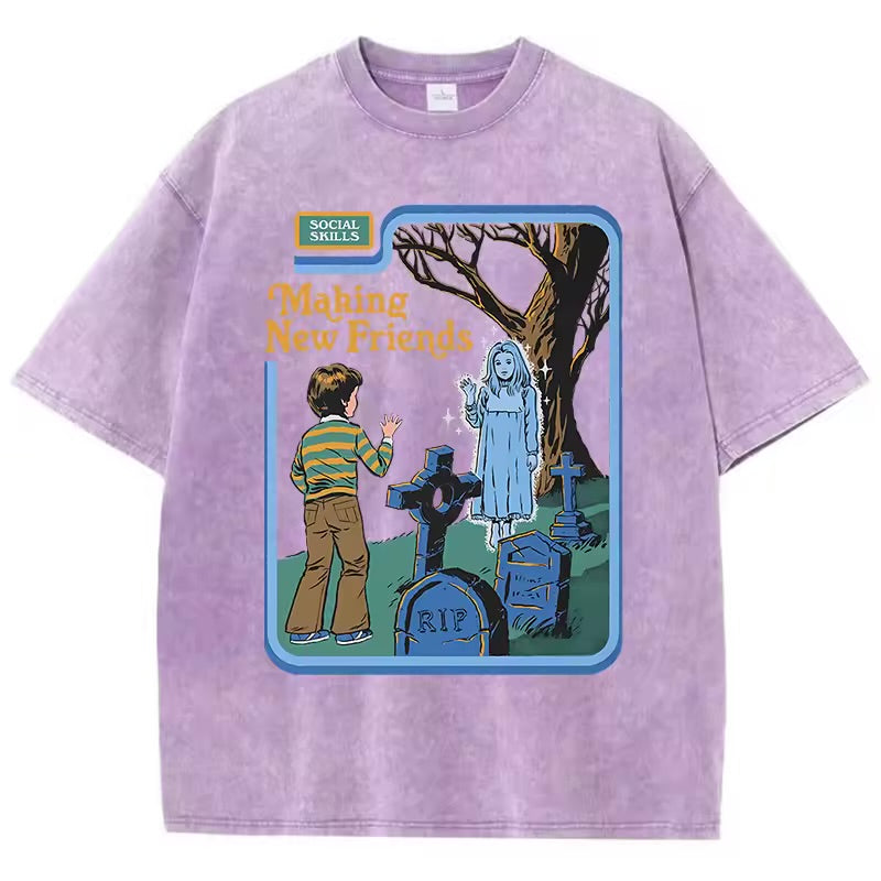 Social Skills Making New Friends Washed Retro T-Shirts Hip Hop
