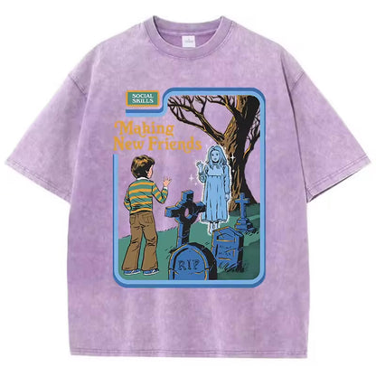 Social Skills Making New Friends Washed Retro T-Shirts Hip Hop