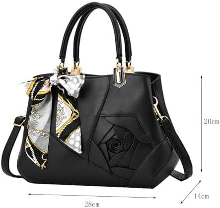ALANES Handbag Shoulder Bag Ladies Satchel Tote Bag Flower Design Luxury Women Handbag PU Fashion Shoulder Bag (Black)