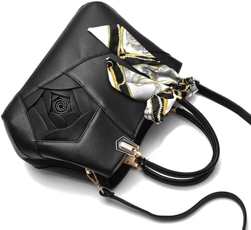 ALANES Handbag Shoulder Bag Ladies Satchel Tote Bag Flower Design Luxury Women Handbag PU Fashion Shoulder Bag (Black)