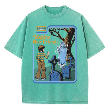 Social Skills Making New Friends Washed Retro T-Shirts Hip Hop