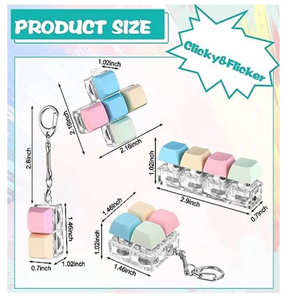 4 Pcs Keyboard Fidget Keychain Decompression Toys Keyboard Fidget Clicker Finger Keyboard Toys,Fidget Keychain with LED Light Stress Relief Keyboard,Keyboard Clicker for Gifts to Pass The Boring Time