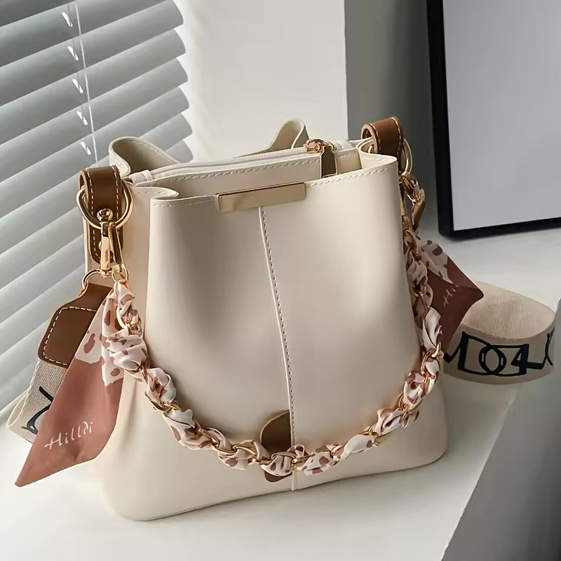 Fashion Women's Shoulder Bag Large Capacity Ribbon Chain Bucket