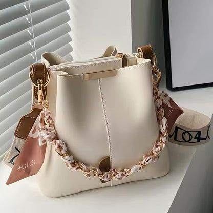 Fashion Women's Shoulder Bag Large Capacity Ribbon Chain Bucket