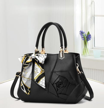 ALANES Handbag Shoulder Bag Ladies Satchel Tote Bag Flower Design Luxury Women Handbag PU Fashion Shoulder Bag (Black)