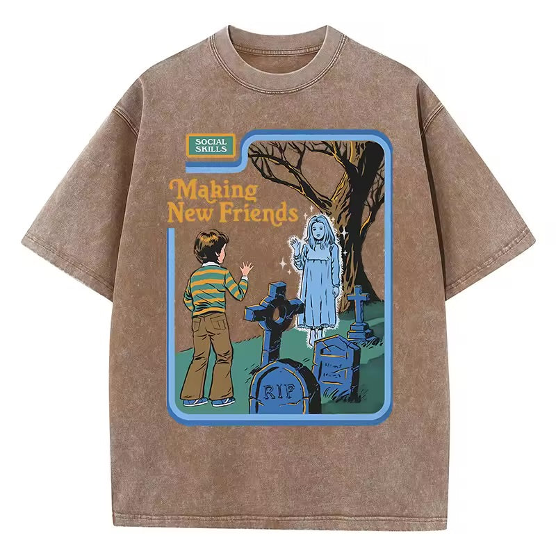 Social Skills Making New Friends Washed Retro T-Shirts Hip Hop