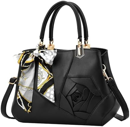 ALANES Handbag Shoulder Bag Ladies Satchel Tote Bag Flower Design Luxury Women Handbag PU Fashion Shoulder Bag (Black)