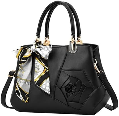 ALANES Handbag Shoulder Bag Ladies Satchel Tote Bag Flower Design Luxury Women Handbag PU Fashion Shoulder Bag (Black)