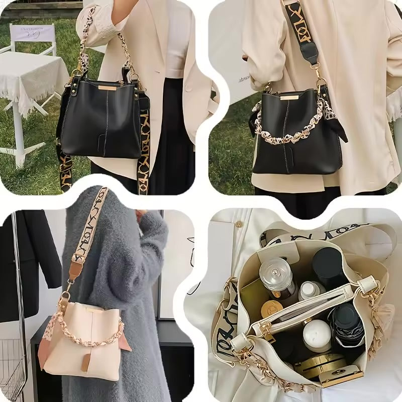Fashion Women's Shoulder Bag Large Capacity Ribbon Chain Bucket