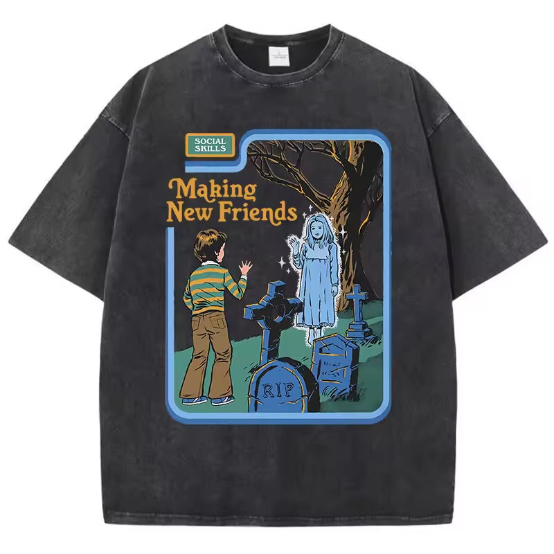 Social Skills Making New Friends Washed Retro T-Shirts Hip Hop