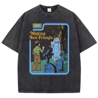 Social Skills Making New Friends Washed Retro T-Shirts Hip Hop