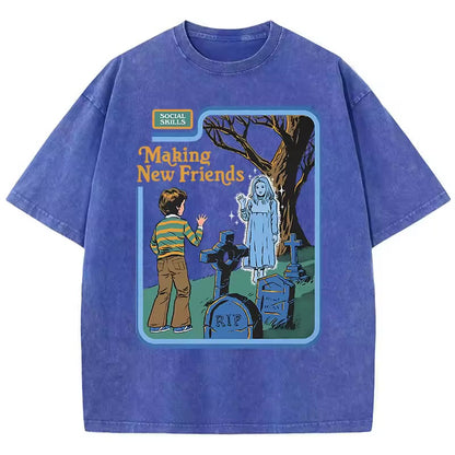 Social Skills Making New Friends Washed Retro T-Shirts Hip Hop