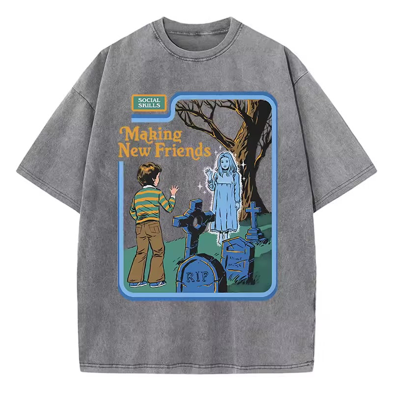Social Skills Making New Friends Washed Retro T-Shirts Hip Hop