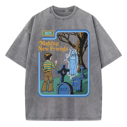 Social Skills Making New Friends Washed Retro T-Shirts Hip Hop