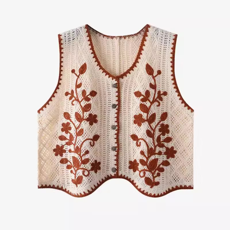 Flower Embroidery Crochet Waistcoat Top Sleeveless