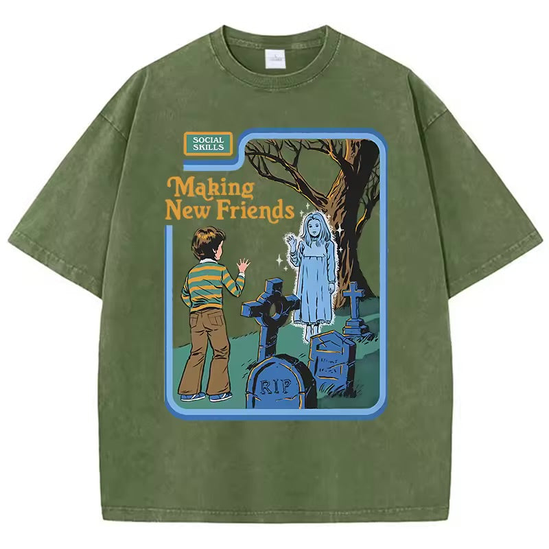Social Skills Making New Friends Washed Retro T-Shirts Hip Hop