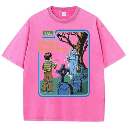 Social Skills Making New Friends Washed Retro T-Shirts Hip Hop